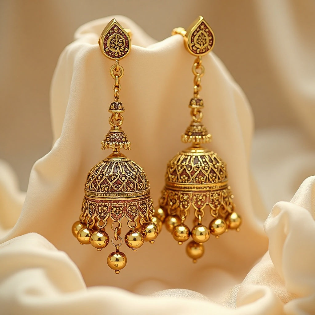 Kashmiri Royal Zareen Long Gold Ghungroo Earrings