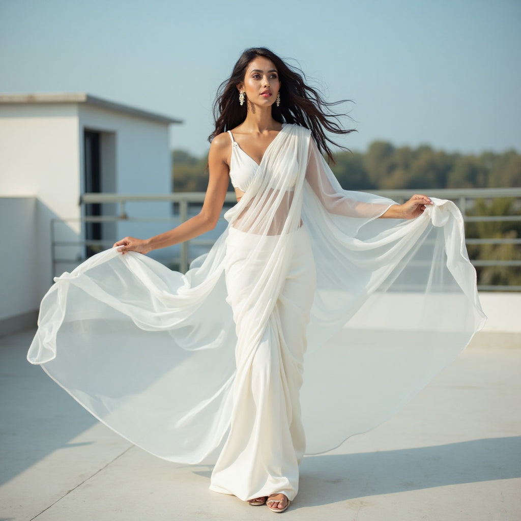 women WHITE organza saree