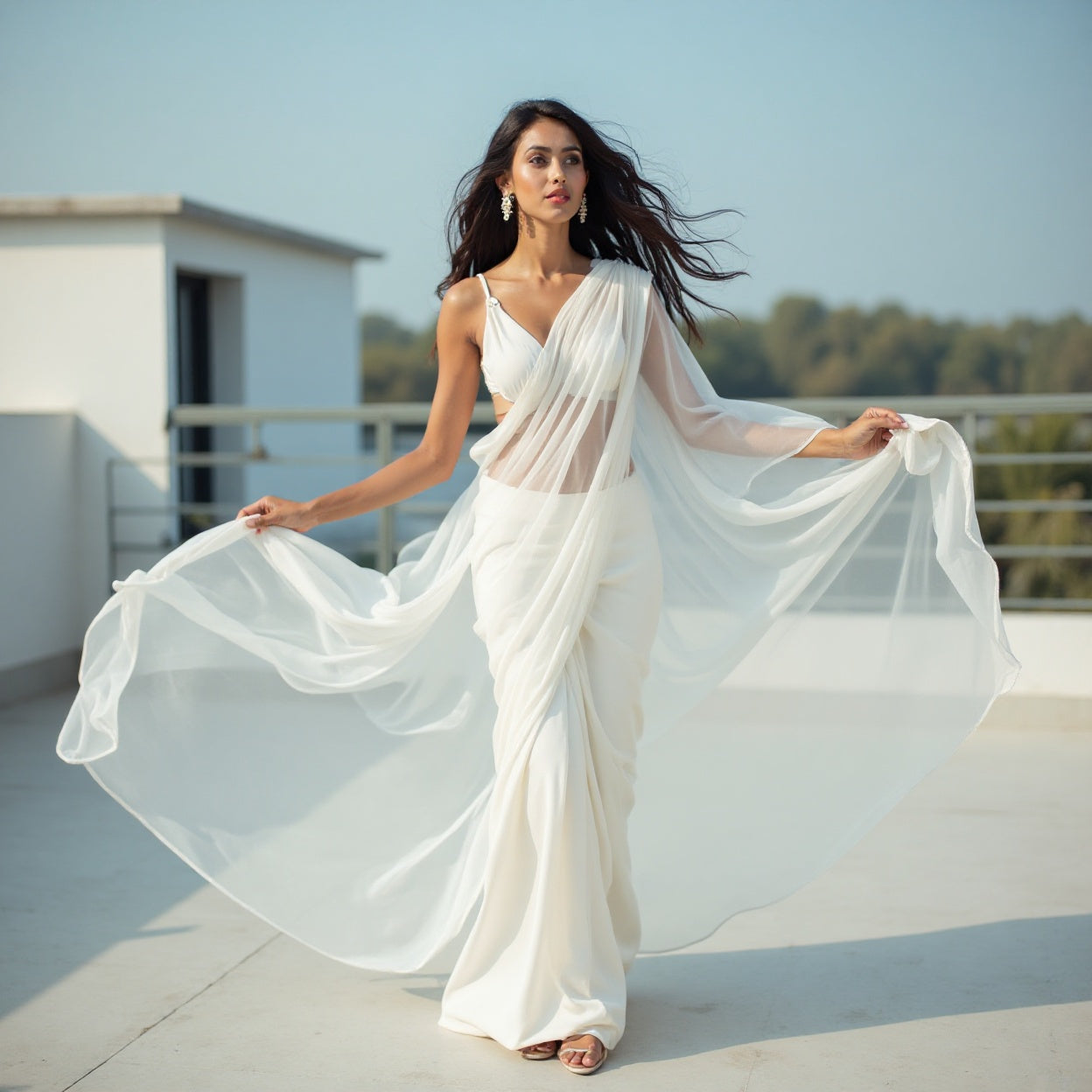 women WHITE organza saree