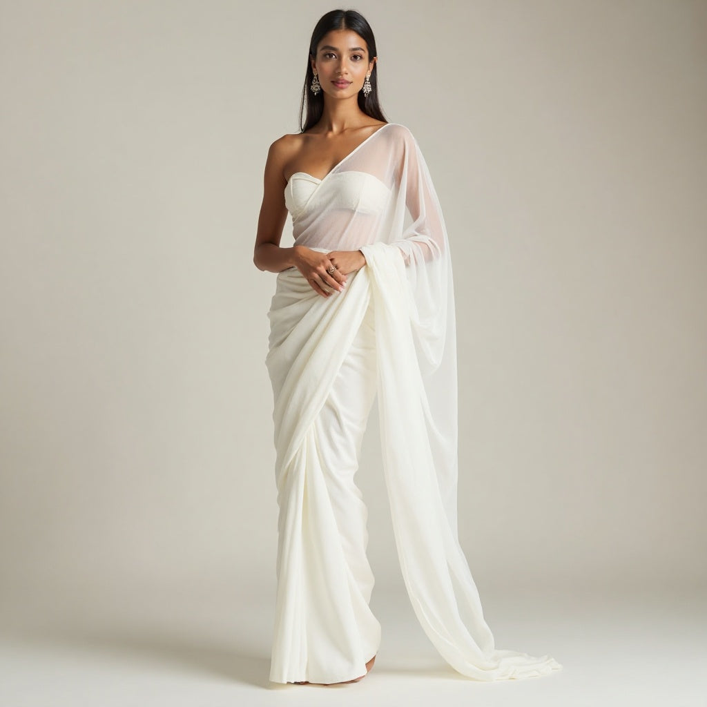 women WHITE organza saree