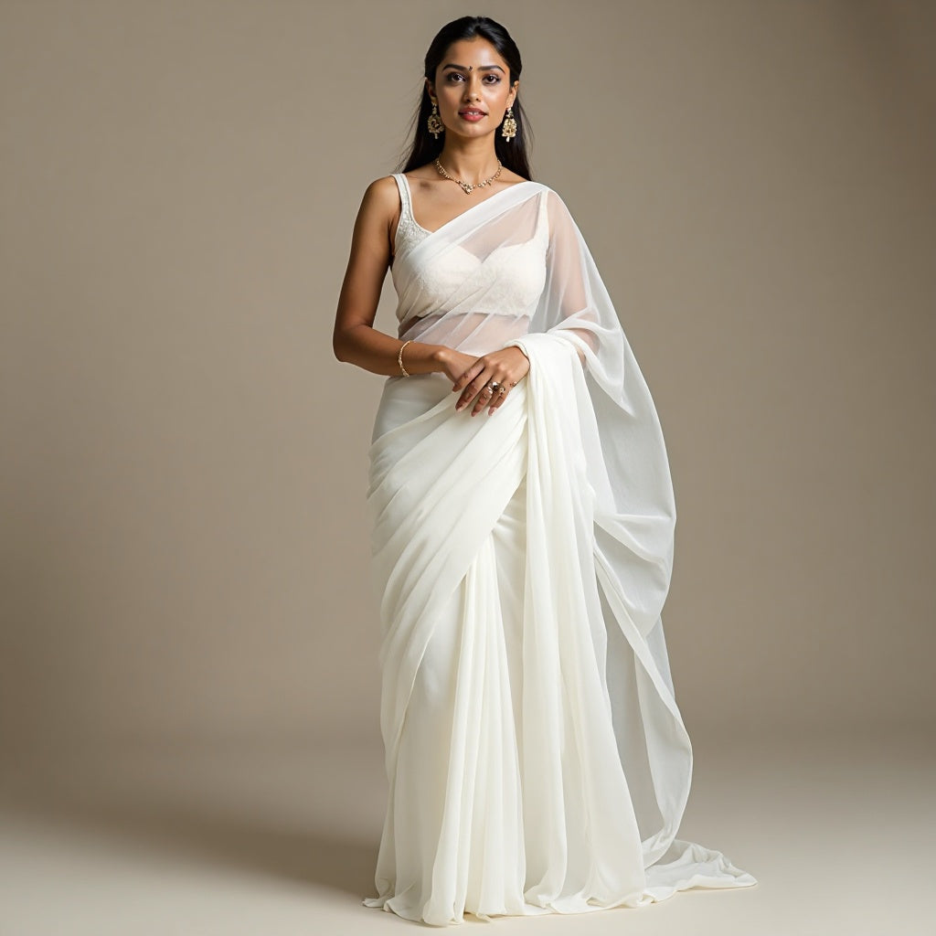 women WHITE organza saree