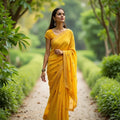 WOMEN mustard YELLOW  printed handloom COTTON saree