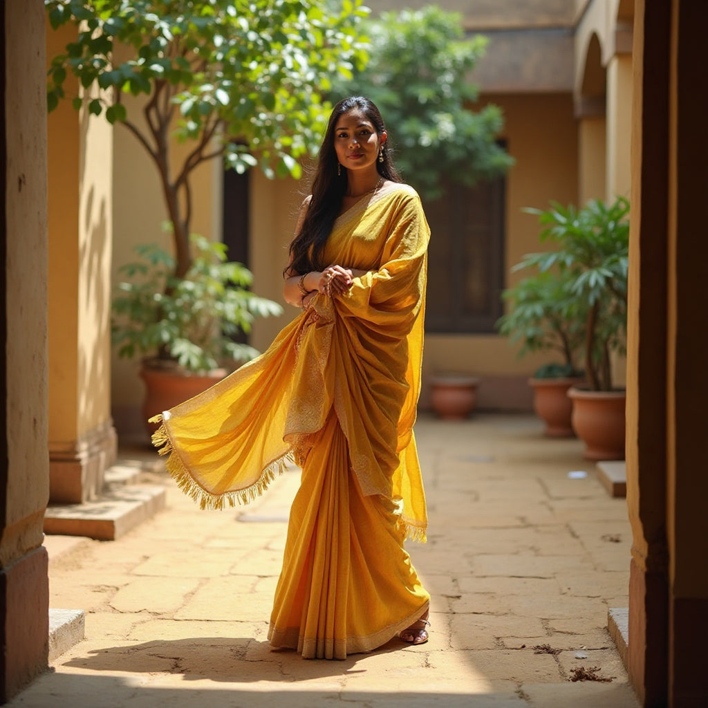 WOMEN mustard YELLOW  printed handloom COTTON saree