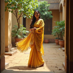 WOMEN mustard YELLOW  printed handloom COTTON saree