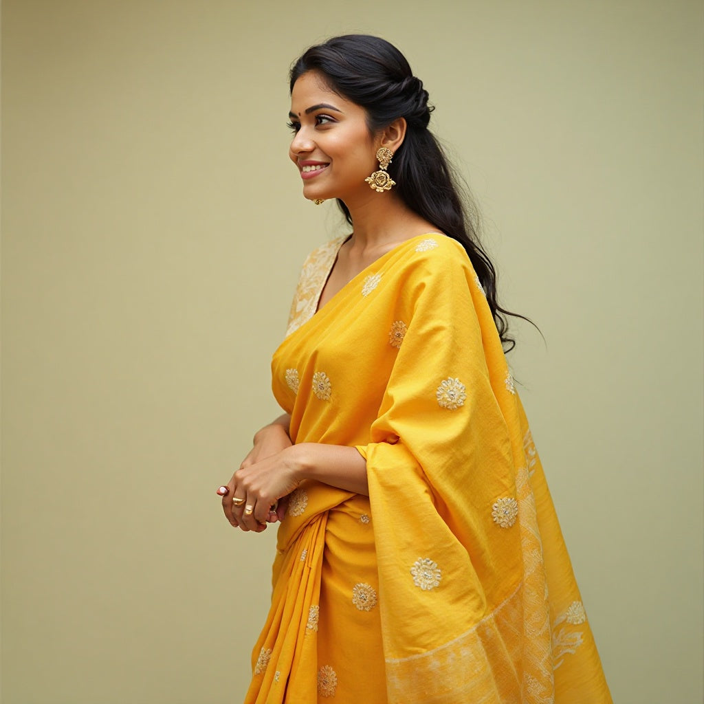 WOMEN mustard YELLOW  printed handloom COTTON saree