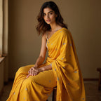 WOMEN mustard YELLOW  printed handloom COTTON saree