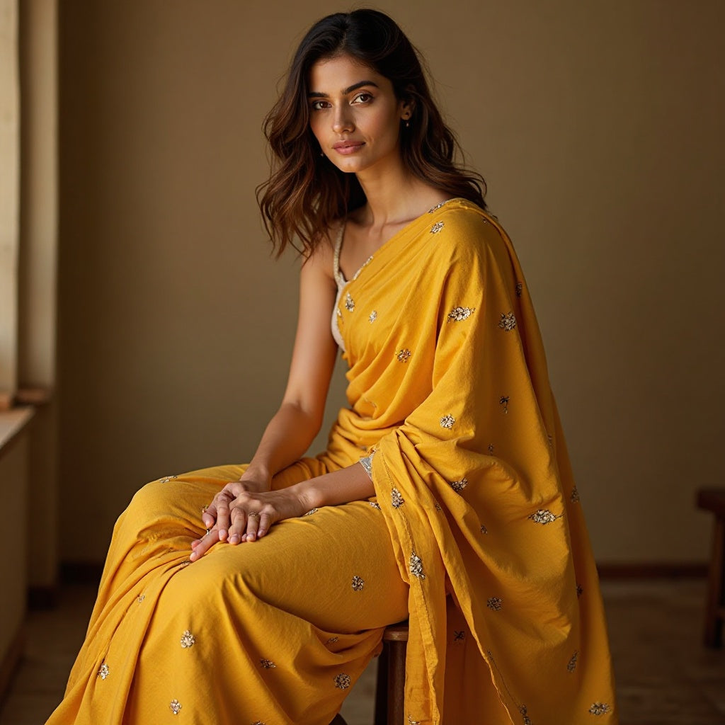 WOMEN mustard YELLOW  printed handloom COTTON saree