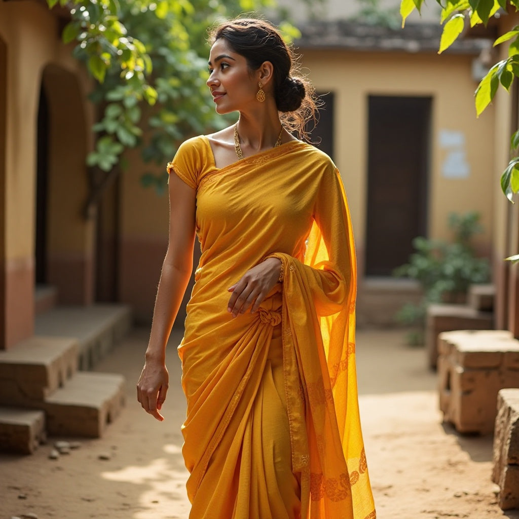 WOMEN mustard YELLOW  printed handloom COTTON saree