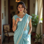 WOMEN SKY BLUE  cotton/linen saree