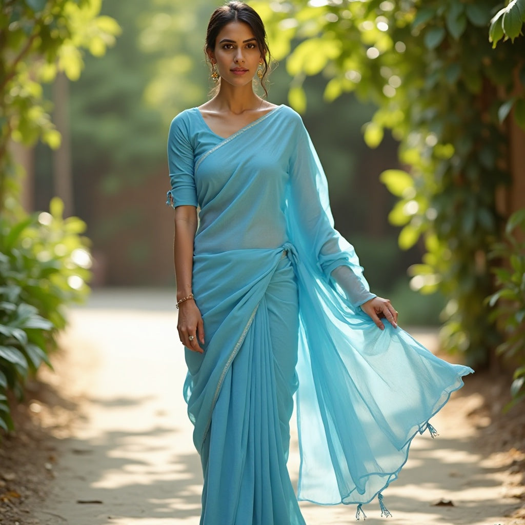 WOMEN SKY BLUE  cotton/linen saree